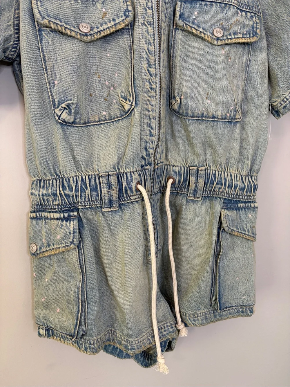 Free People Mojave Denim Shortall Romper Slouchy Paint Splatter Cinch Waist NEW